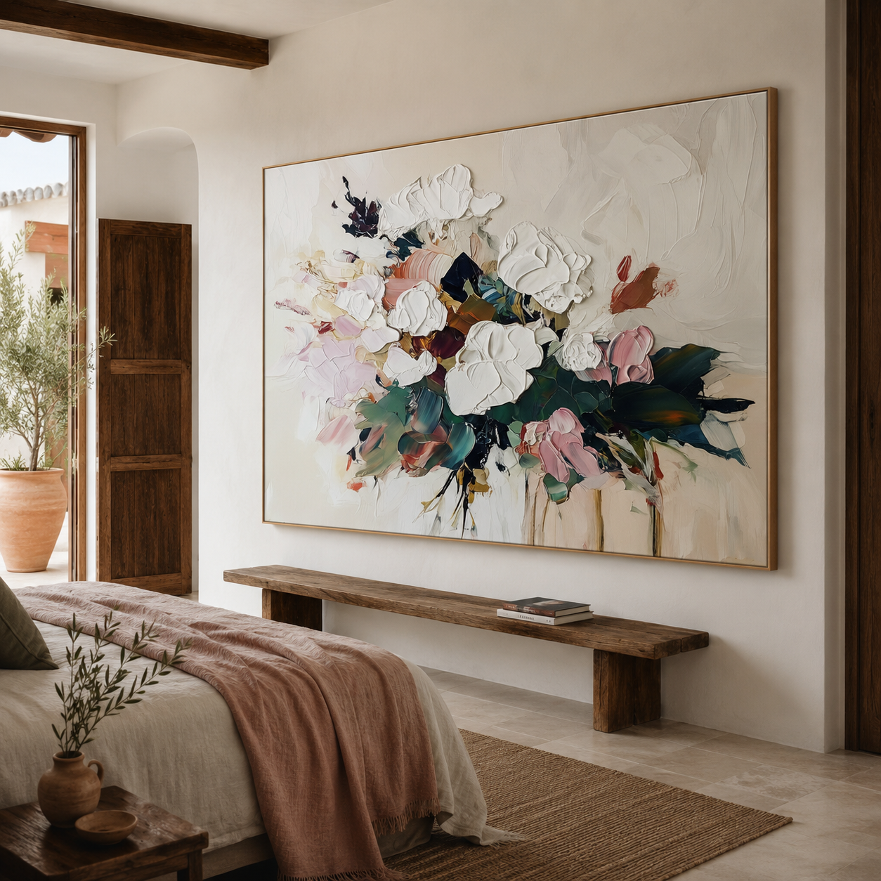 Petals in Motion-Textured Floral Oil Painting , Abstract White & Pink Flower Artwork for Home Decor
