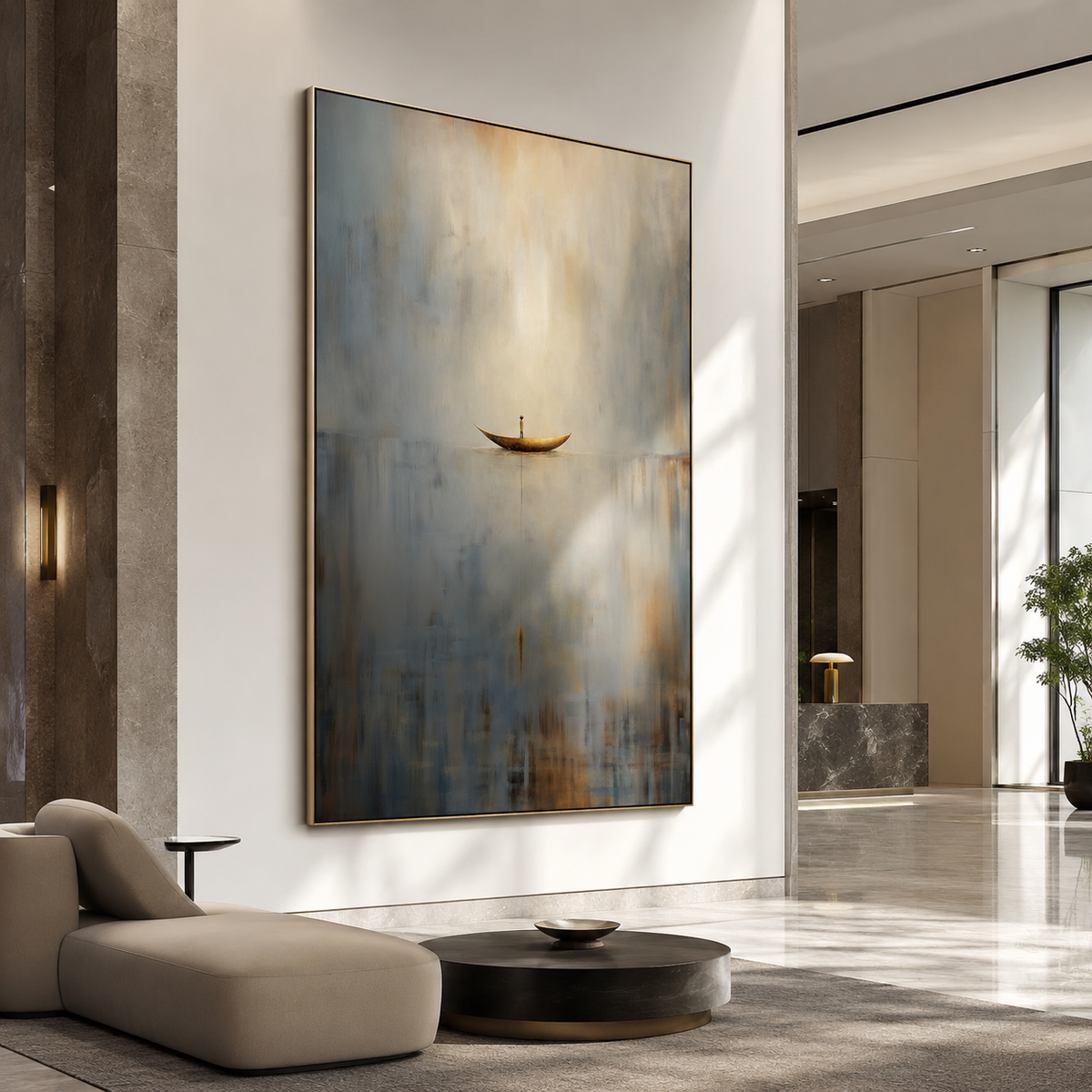 Still Passage – Surreal Abstract Boat Painting Calm Minimalist Wall Art