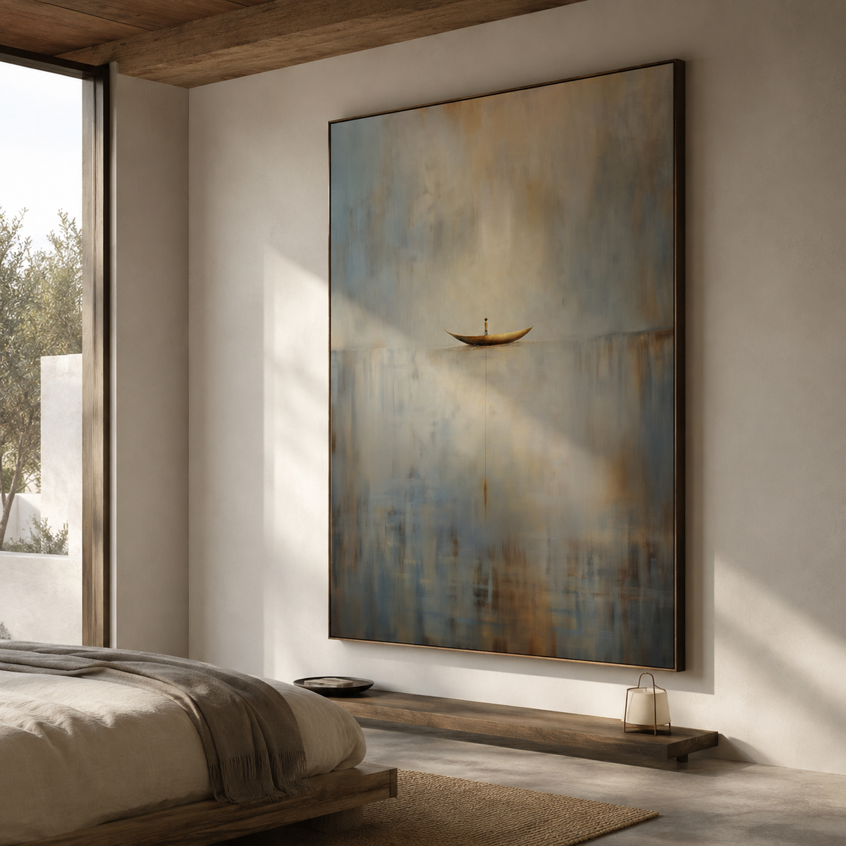 Still Passage – Surreal Abstract Boat Painting Calm Minimalist Wall Art