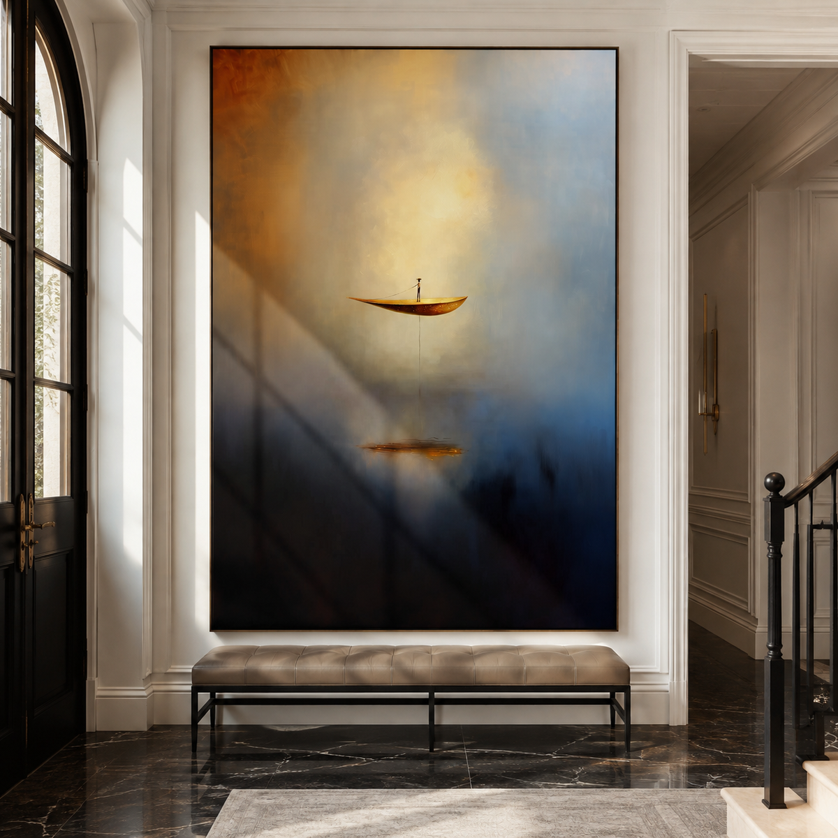 Ascend in Silence – Surreal Abstract Boat Painting Floating Man Dreamlike Wall Art