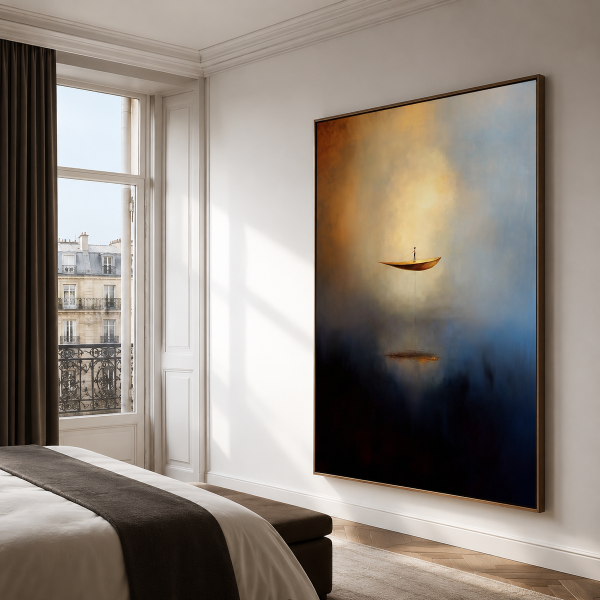 Ascend in Silence – Surreal Abstract Boat Painting Floating Man Dreamlike Wall Art