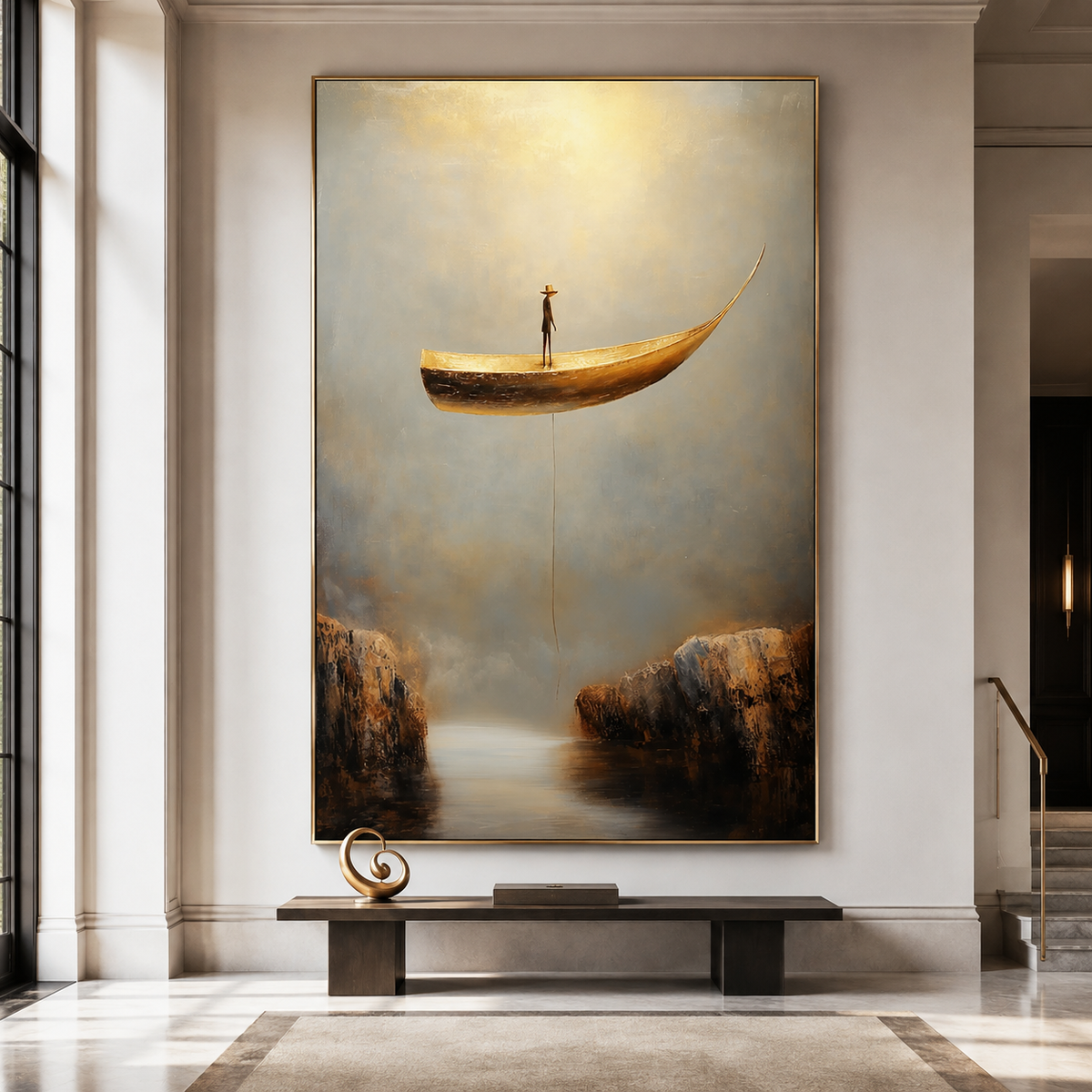 Lone Voyager – Surreal Boat Painting Floating Man in Canyon Wall Art