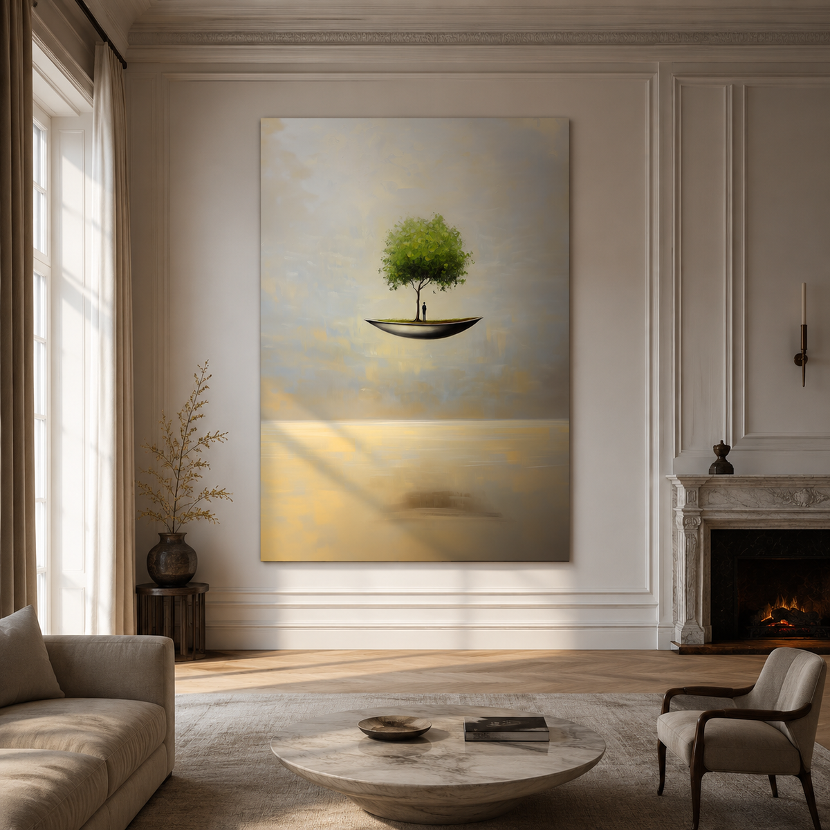 Sanctuary Afloat – Surreal Floating Tree Painting Conceptual Dreamlike Wall Art