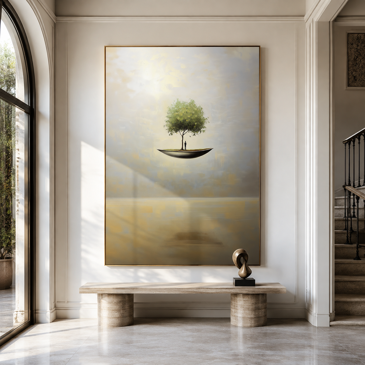 Sanctuary Afloat – Surreal Floating Tree Painting Conceptual Dreamlike Wall Art