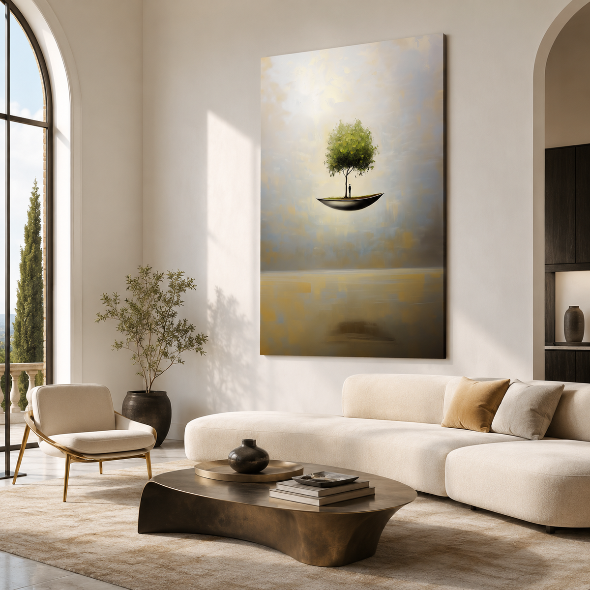 Sanctuary Afloat – Surreal Floating Tree Painting Conceptual Dreamlike Wall Art