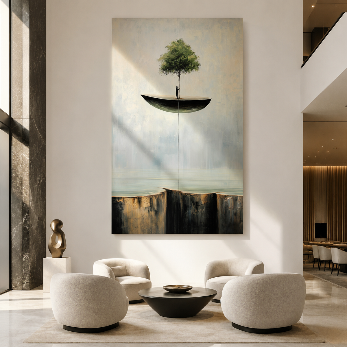 Hope Suspended – Surreal Floating Tree Painting Abstract Cliff Wall Art