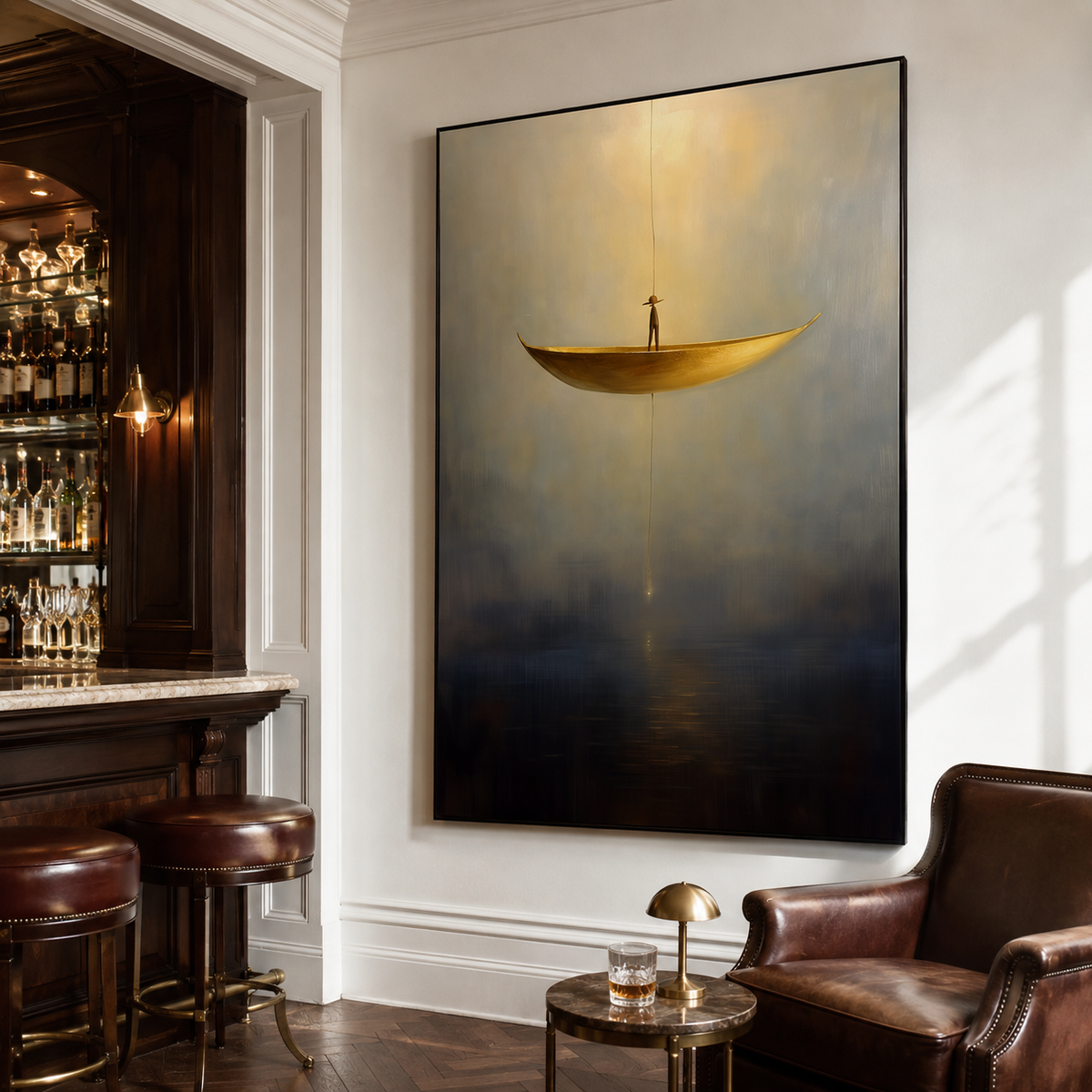 Silent Descent – Surreal Floating Boat Painting Minimalist Conceptual Wall Art