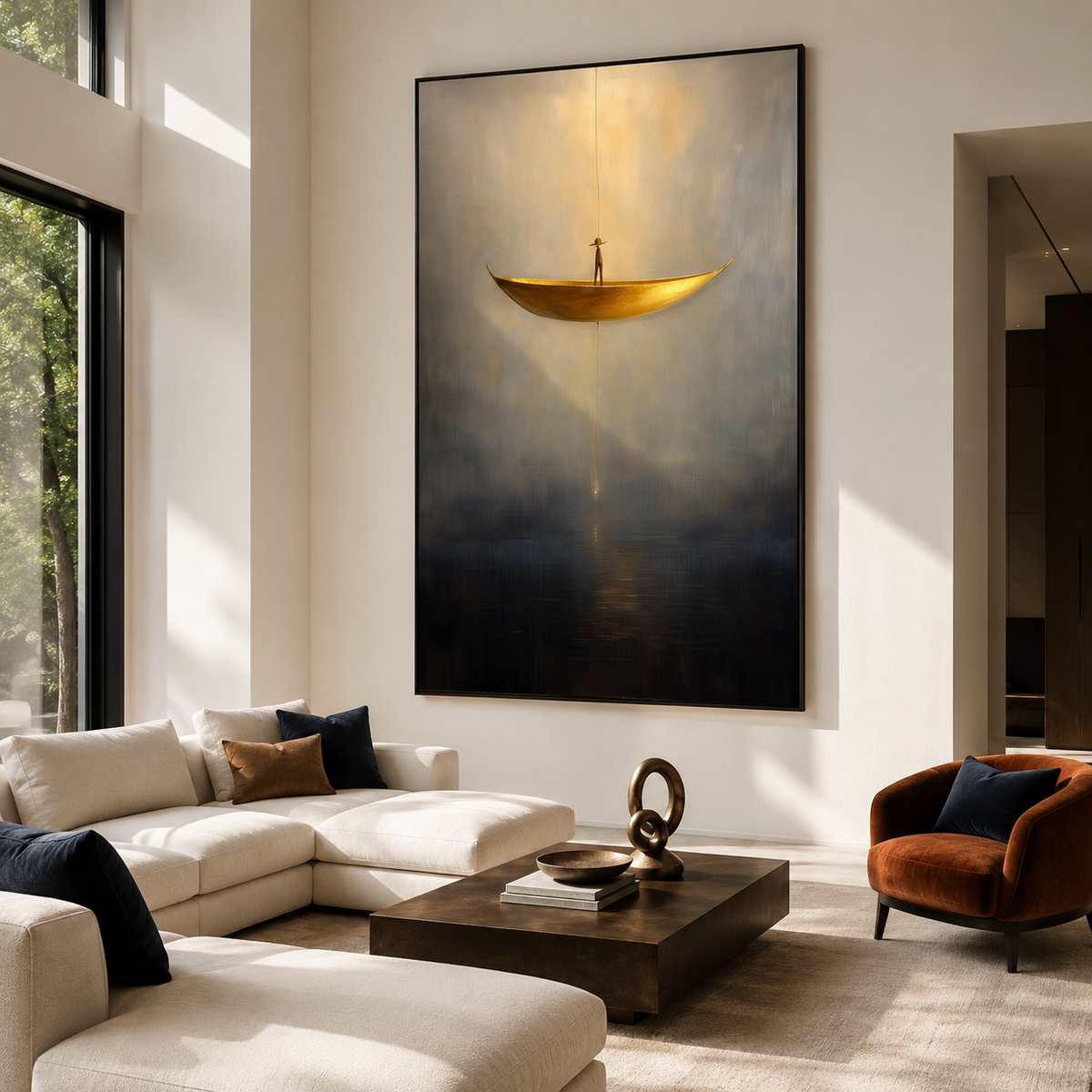 Silent Descent – Surreal Floating Boat Painting Minimalist Conceptual Wall Art