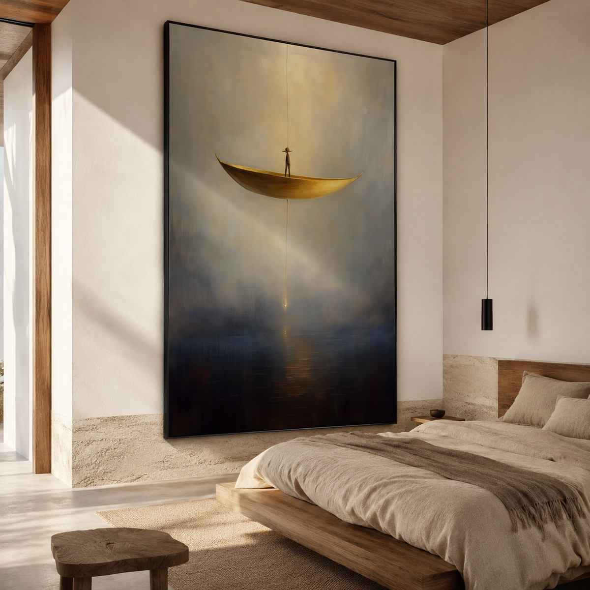 Silent Descent – Surreal Floating Boat Painting Minimalist Conceptual Wall Art