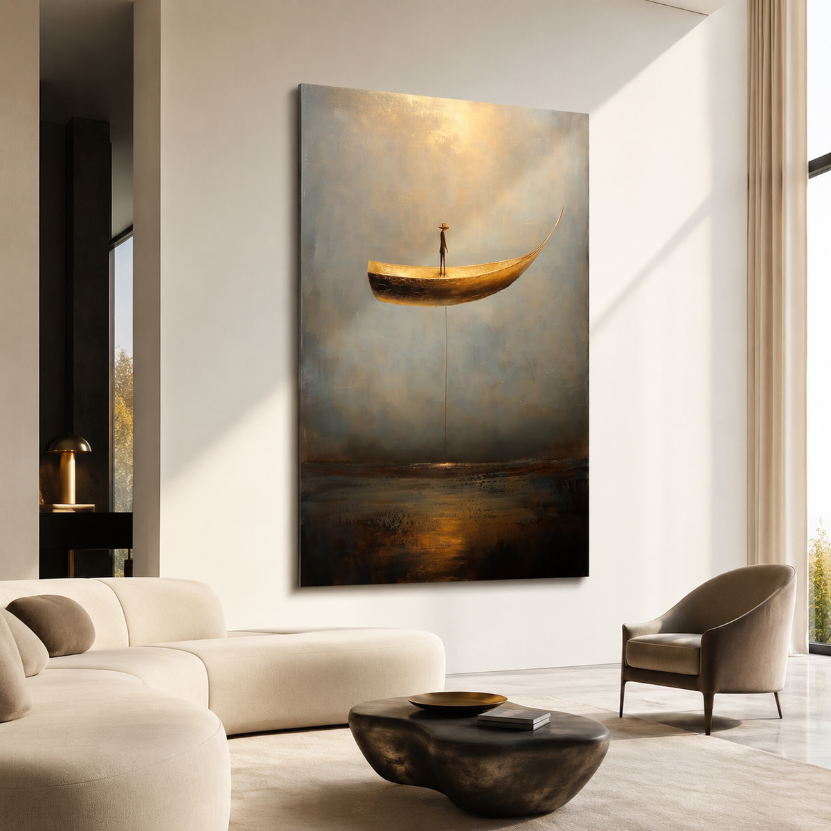 Landing Light – Surreal Floating Boat Painting Conceptual Minimalist Wall Art