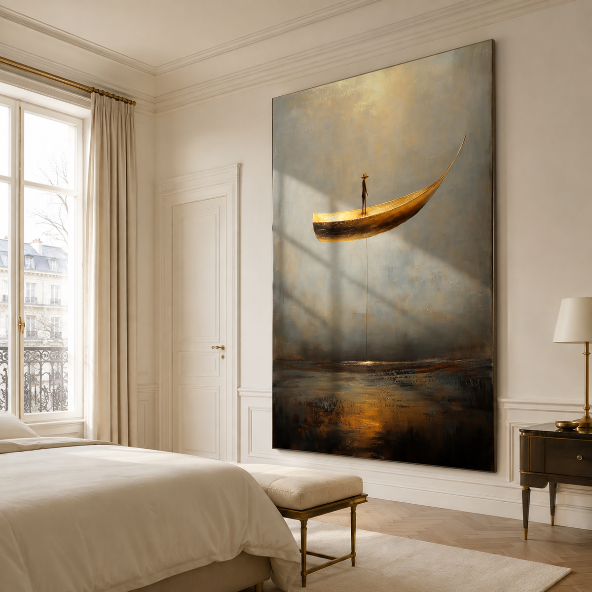 Landing Light – Surreal Floating Boat Painting Conceptual Minimalist Wall Art