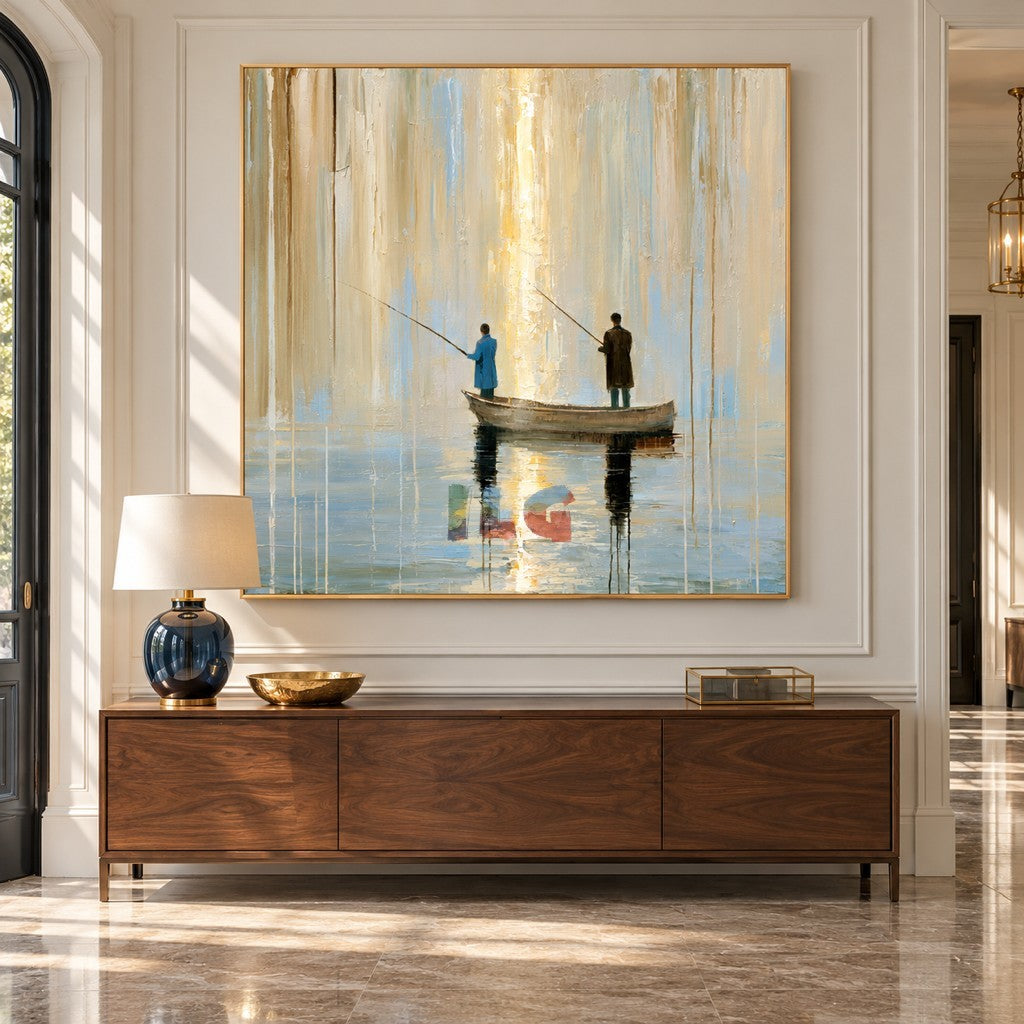 Stillwater Passage – Beige and Blue Abstract Fishing Boat Wall Art