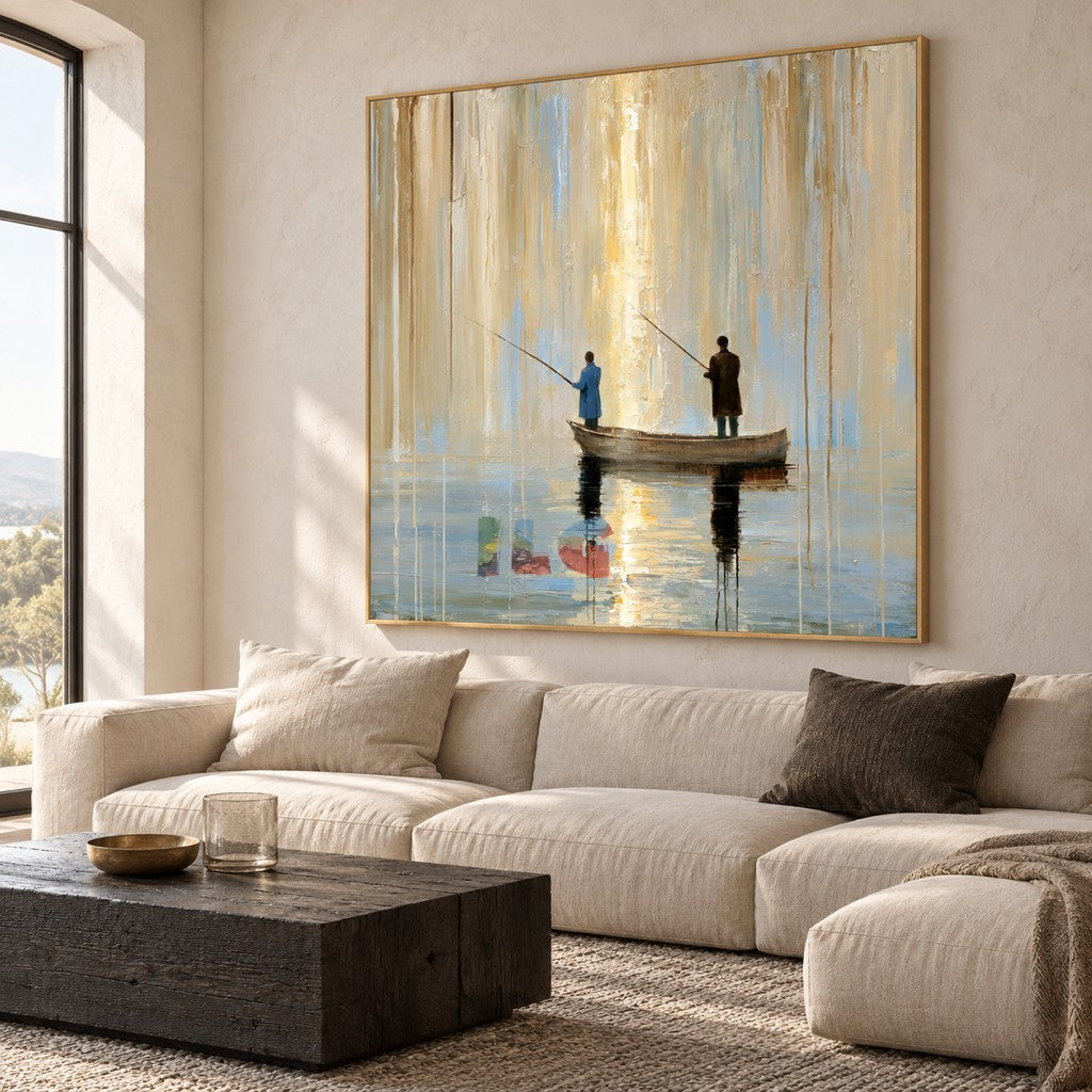 Stillwater Passage – Beige and Blue Abstract Fishing Boat Wall Art