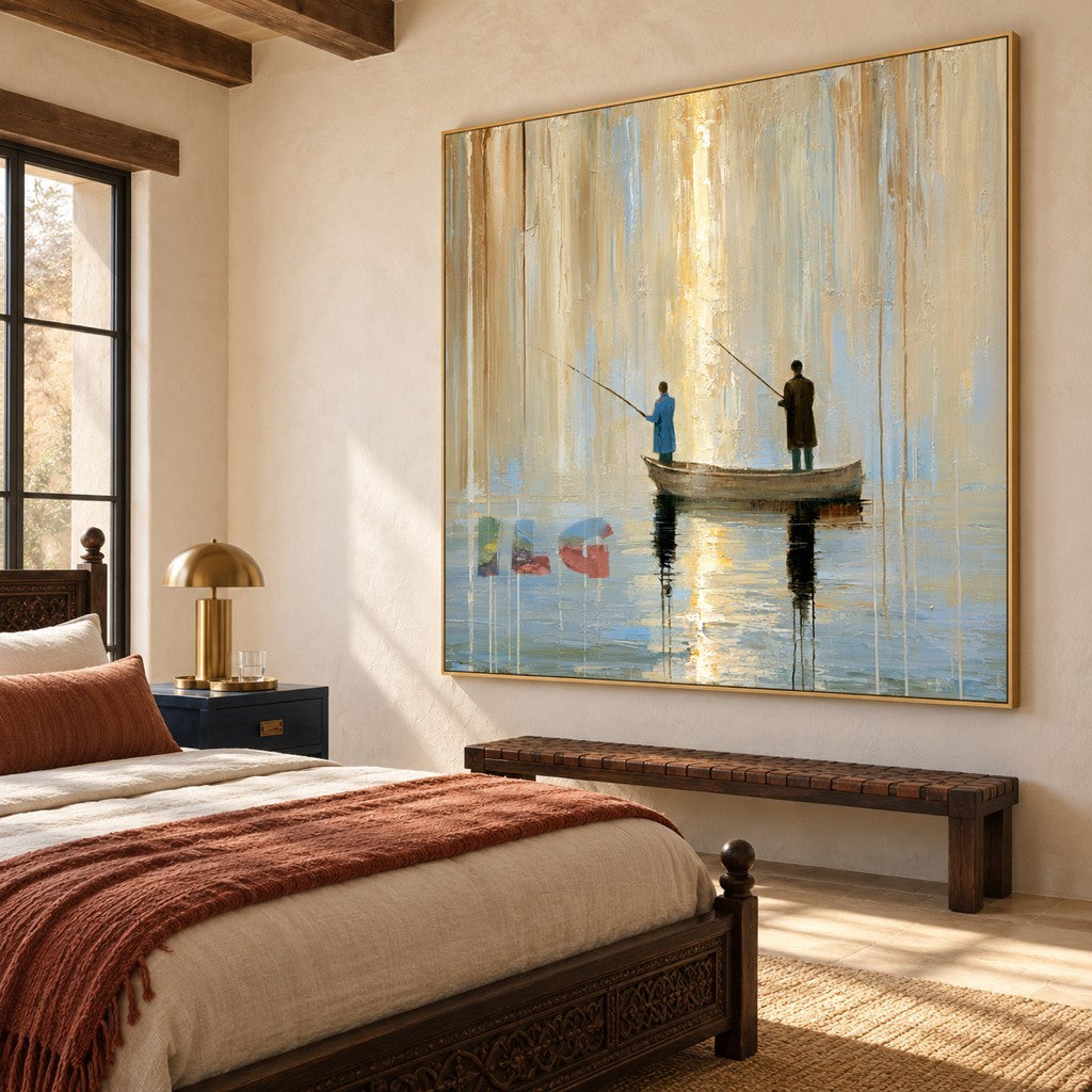 Stillwater Passage – Beige and Blue Abstract Fishing Boat Wall Art