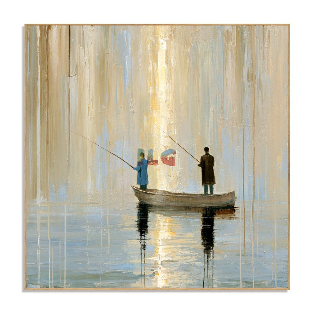Stillwater Passage – Beige and Blue Abstract Fishing Boat Wall Art