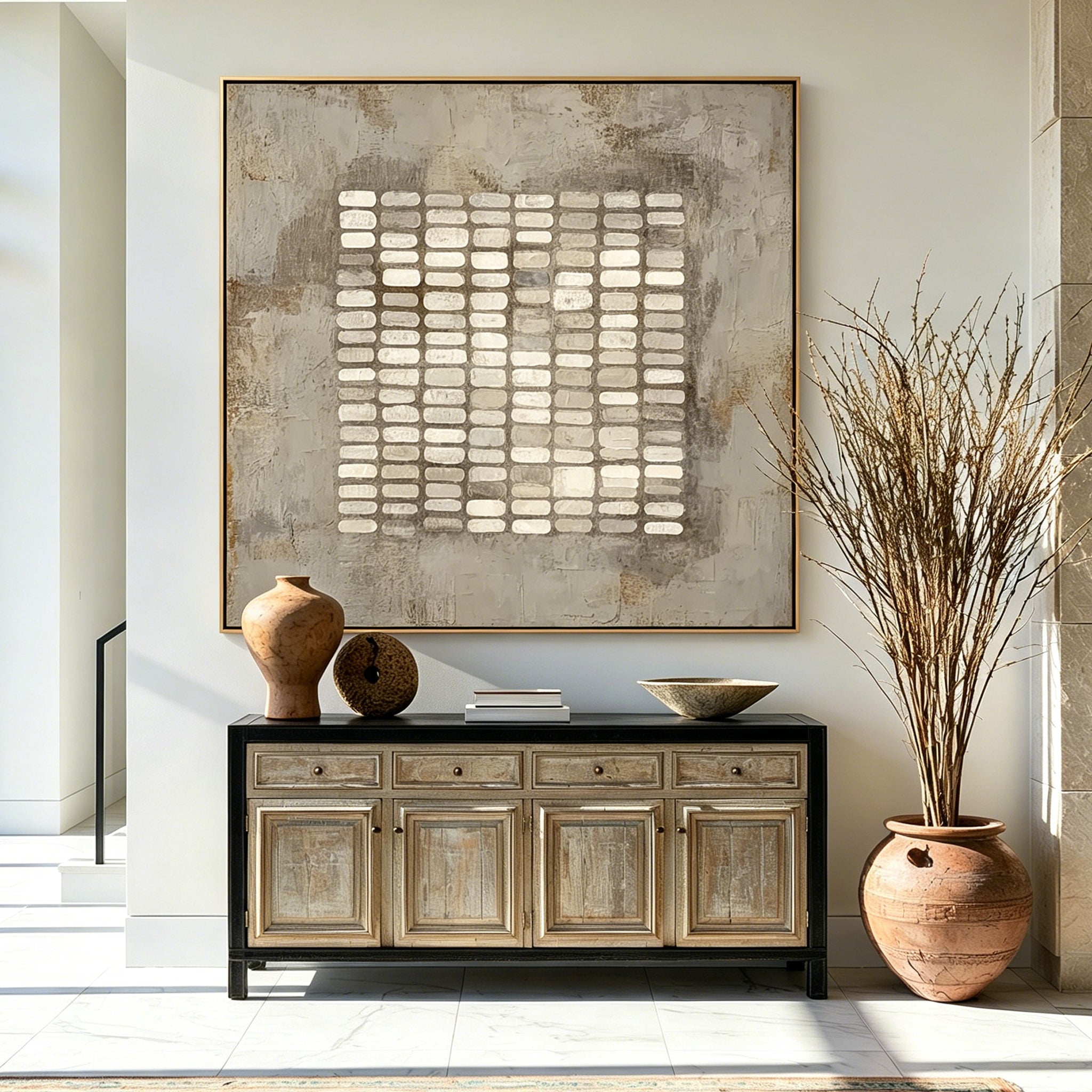 Stone Rhythm – Neutral Abstract Grid Textured Wall Art