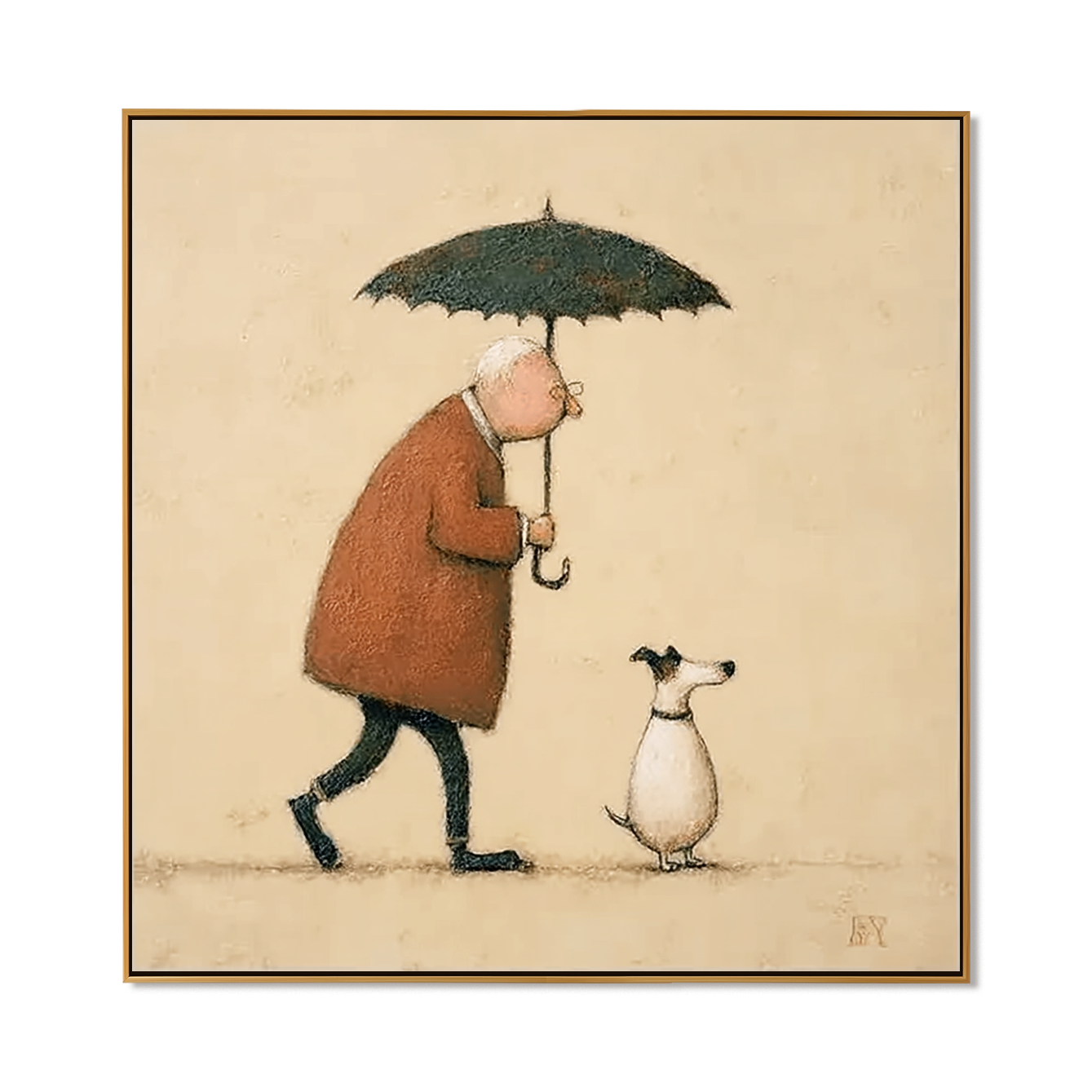 Gentle Rain Companion – Minimalist Human and Dog Wall Art