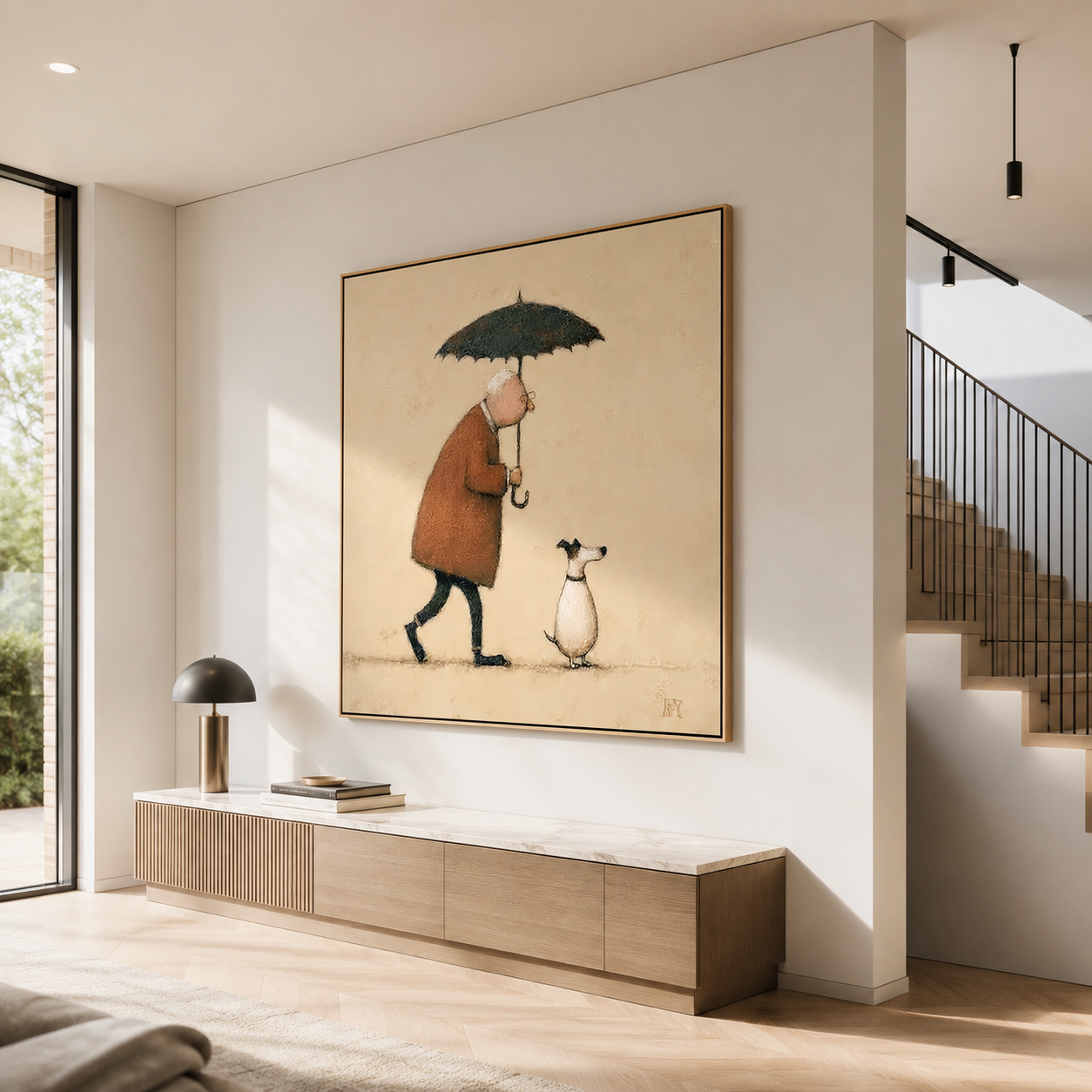 Gentle Rain Companion – Minimalist Human and Dog Wall Art