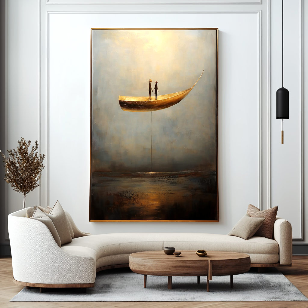 Golden Drift - Surreal Boat Figurative Oil Painting