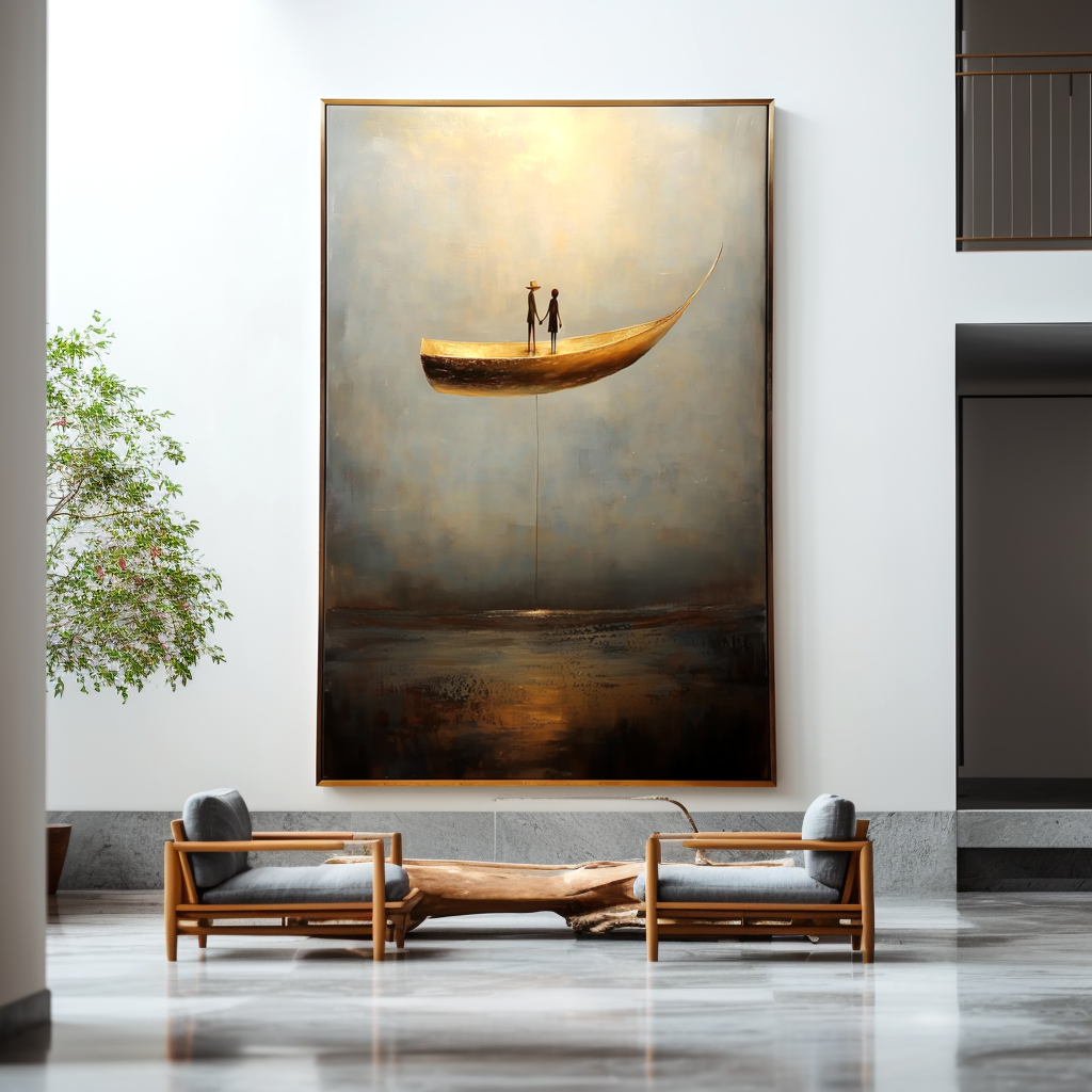 Golden Drift - Surreal Boat Figurative Oil Painting