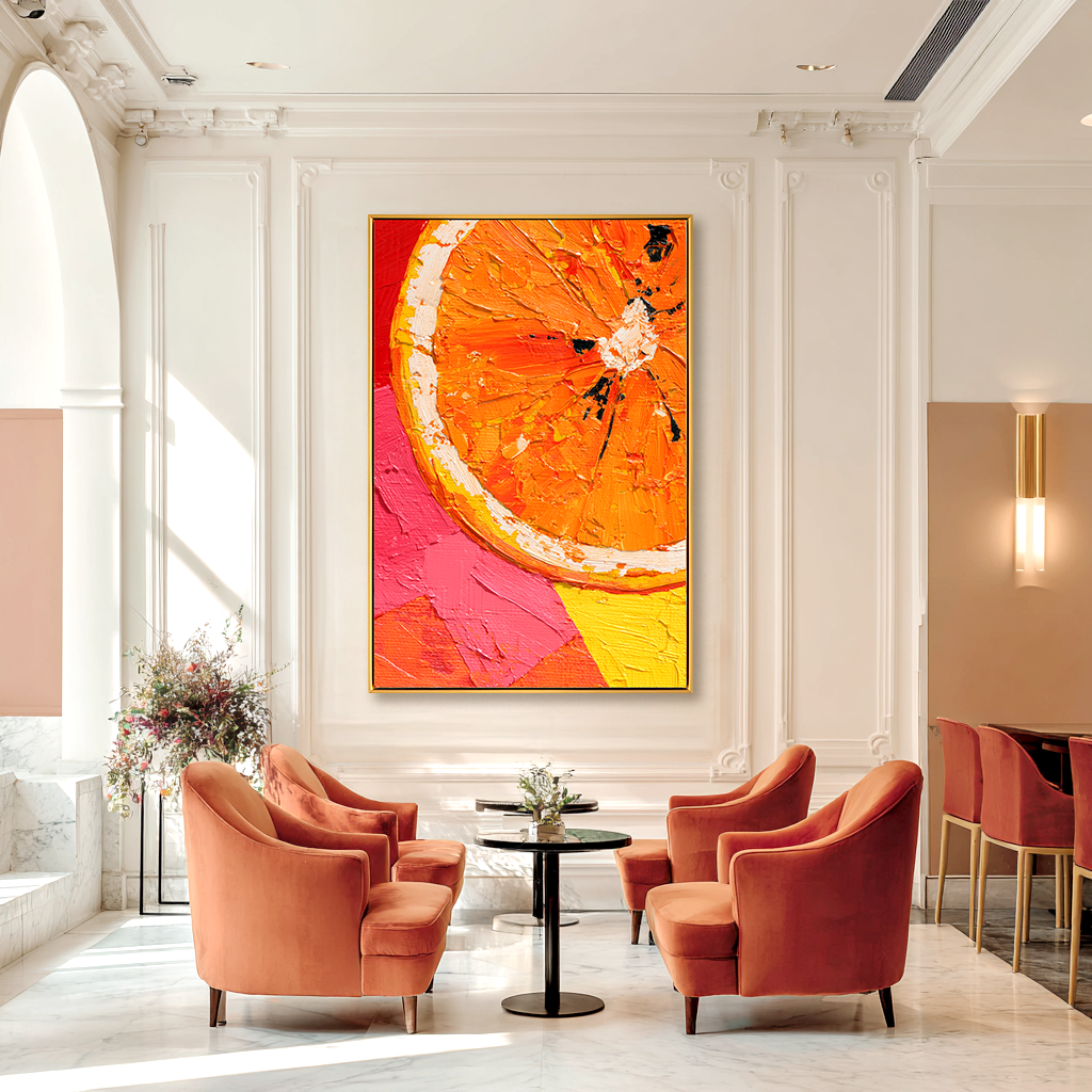 Citrus Burst — 3D Textured Orange Slice Oil Painting, Colorful Abstract Kitchen Wall Art