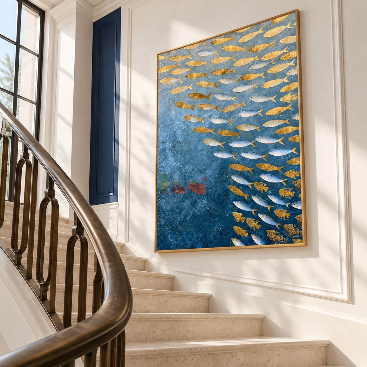 Azure Shoal – Metallic Gold and Silver Fish Wall Art