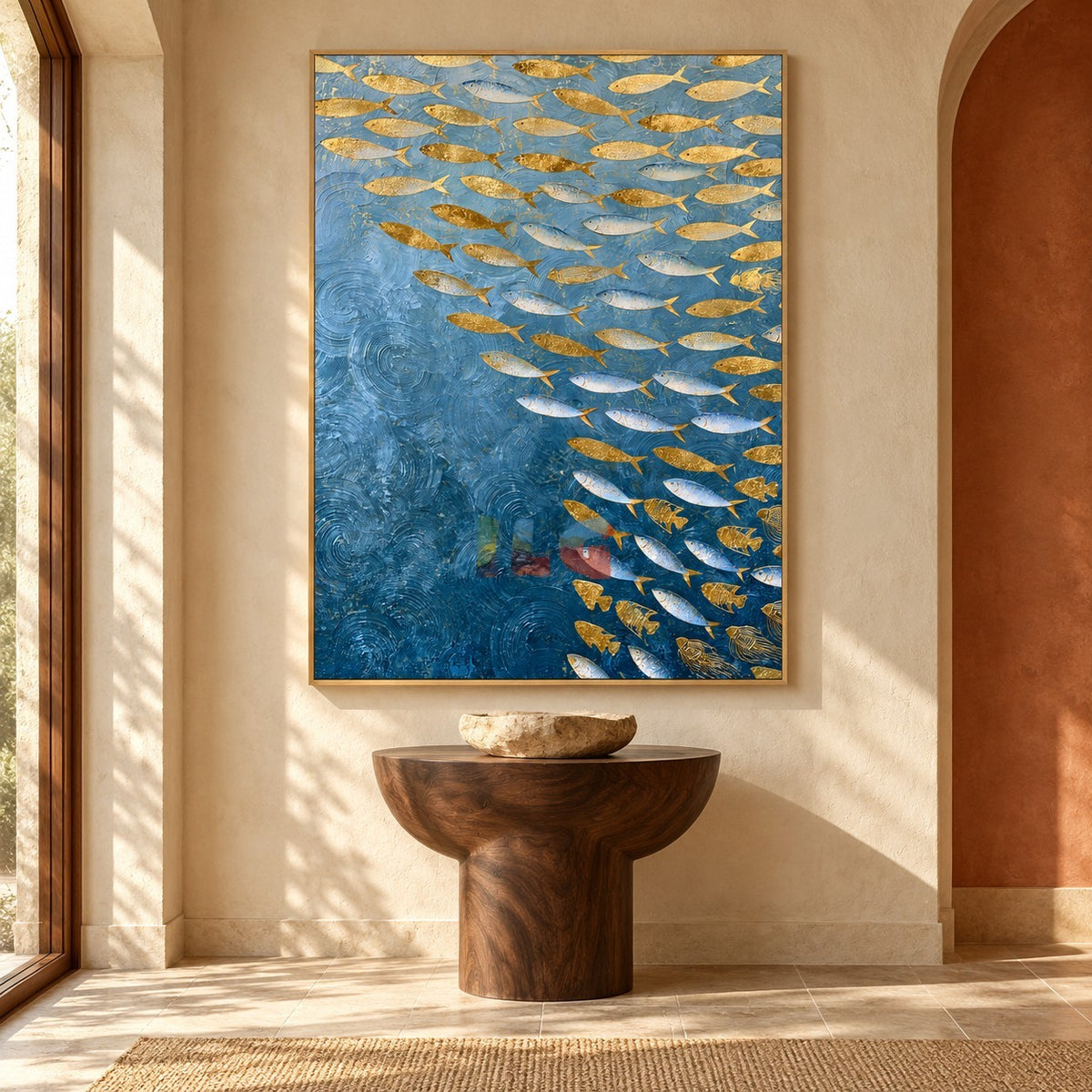 Azure Shoal – Metallic Gold and Silver Fish Wall Art