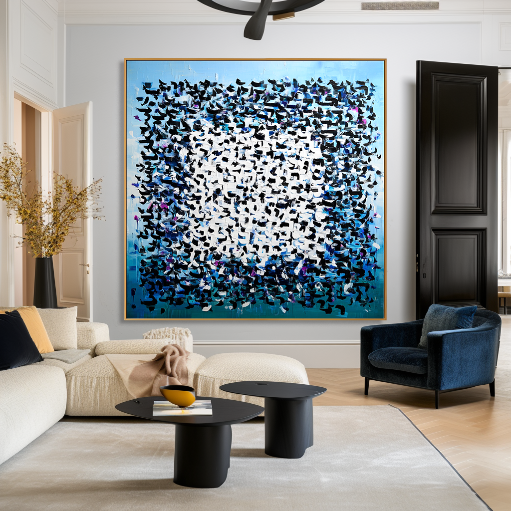 Blue Cipher - Contemporary Geometric Abstract Oil Painting