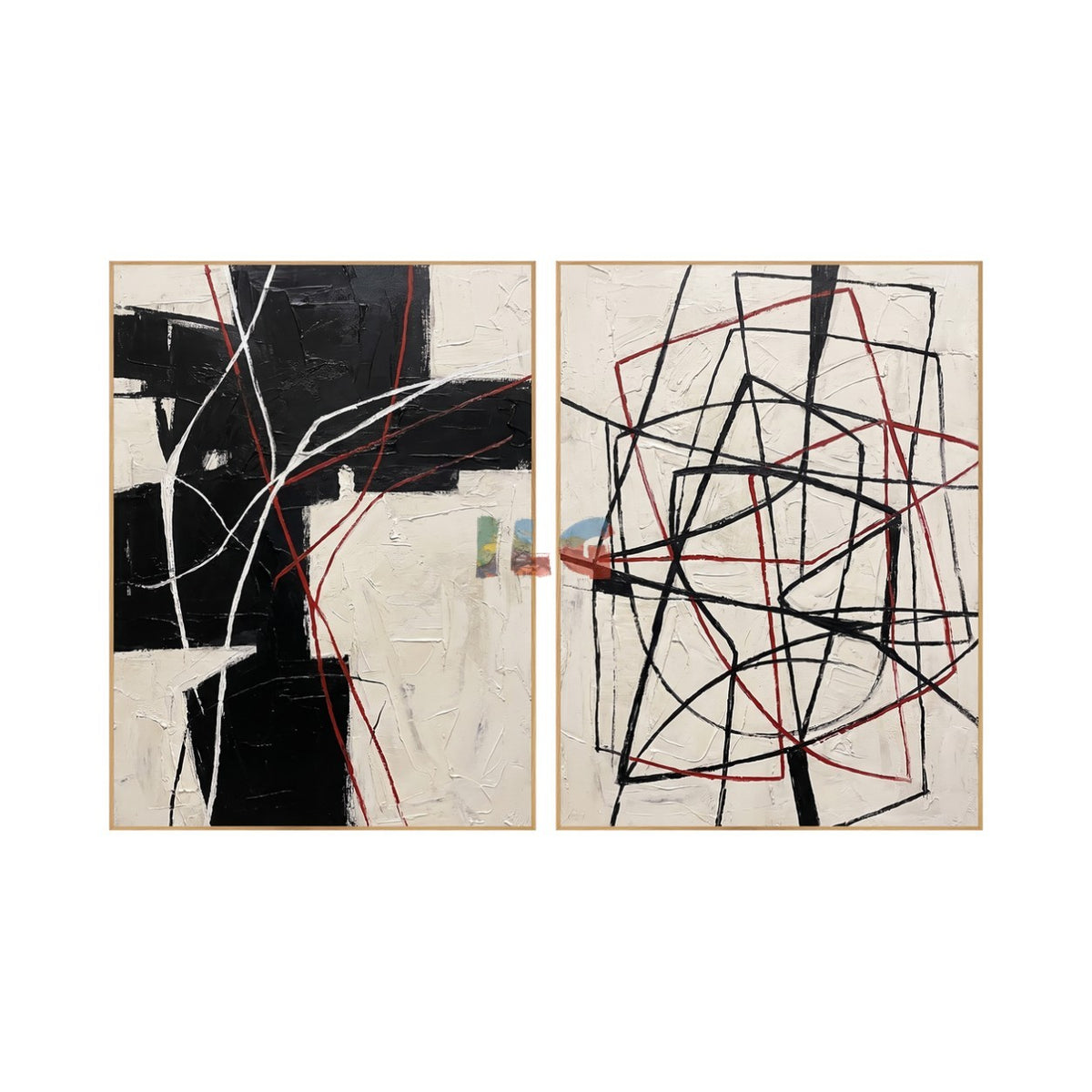 Crimson Intersections – Black, Ivory and Red Abstract Diptych Wall Art