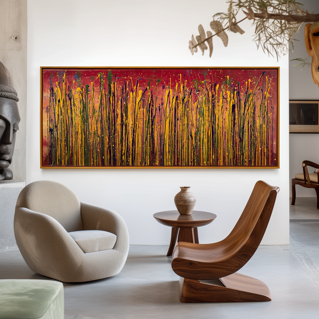 Crimson Meadow - Large Textured Abstract Panoramic Oil Painting