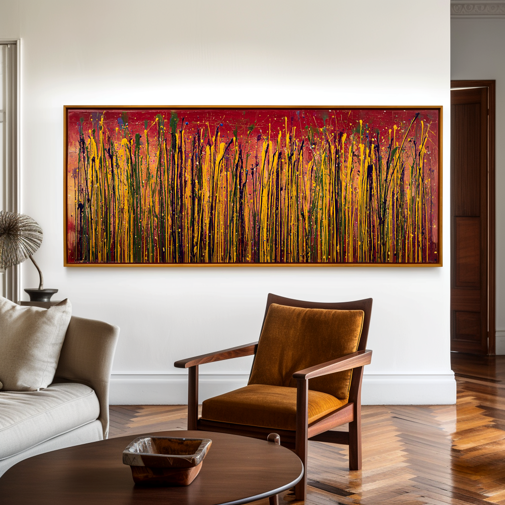 Crimson Meadow - Large Textured Abstract Panoramic Oil Painting
