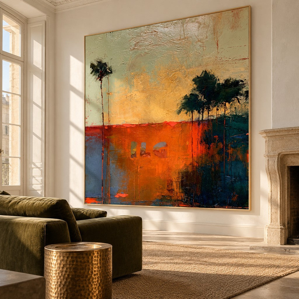 Emberlight Horizon – Orange and Teal Textured Abstract Landscape Wall Art