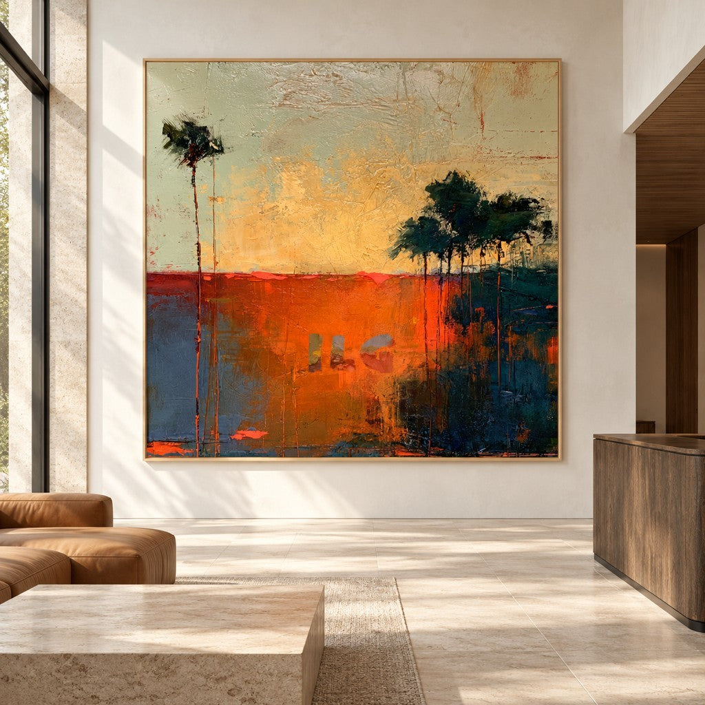 Emberlight Horizon – Orange and Teal Textured Abstract Landscape Wall Art