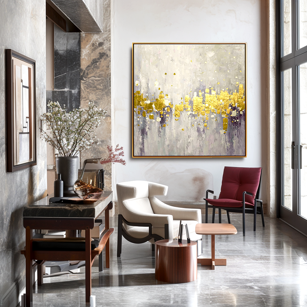 Golden Echoes - Abstract Gold Leaf Oil Painting, Modern Textured Canvas Wall Art
