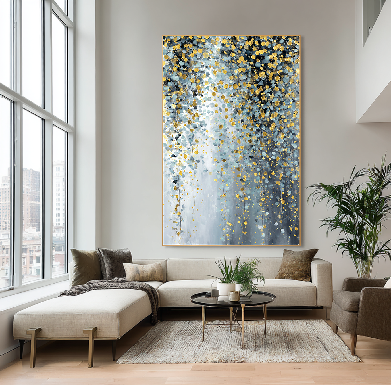 Golden Mist - Textured Blue Gray and Gold Abstract Oil Painting