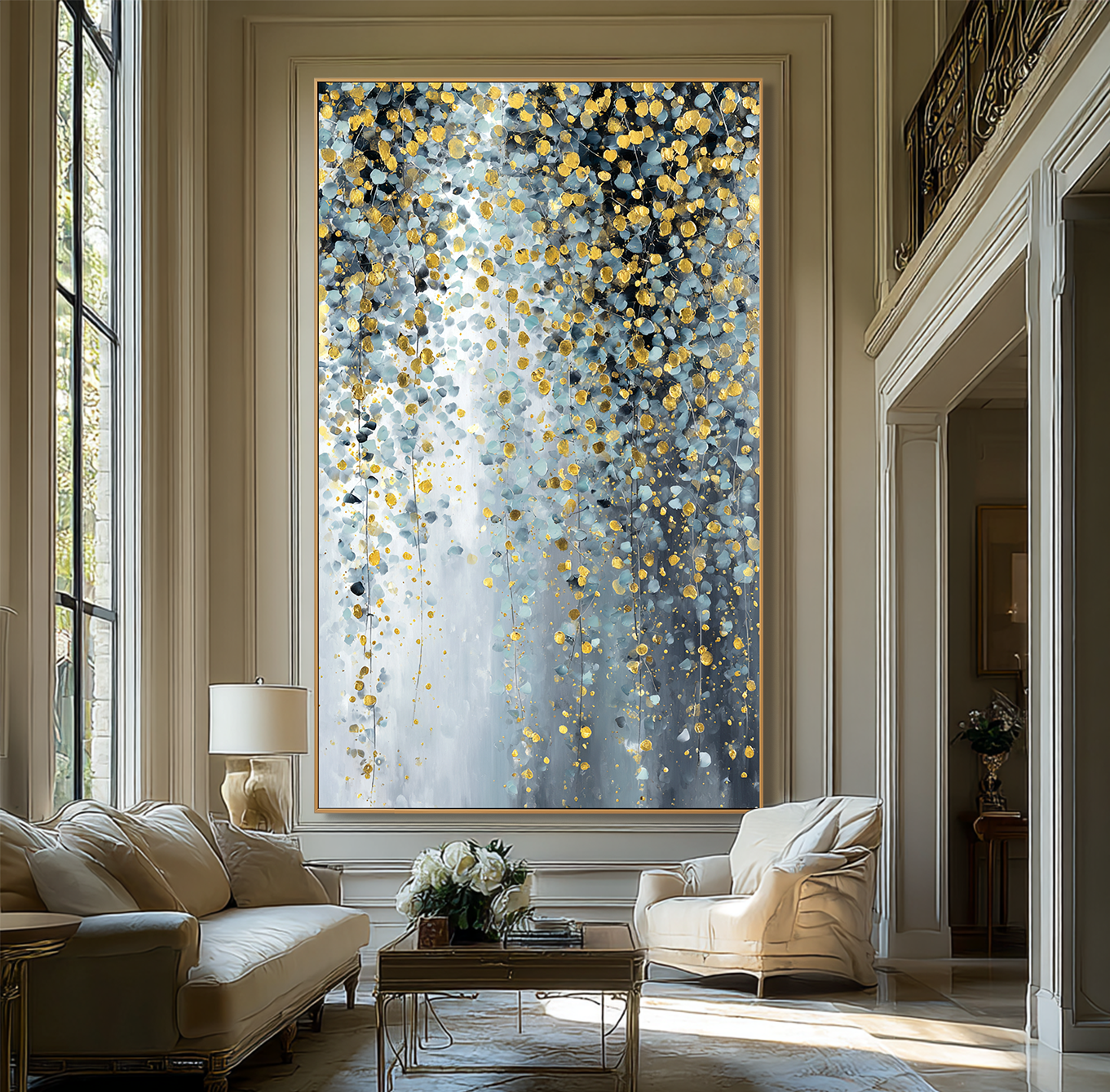 Golden Mist - Textured Blue Gray and Gold Abstract Oil Painting