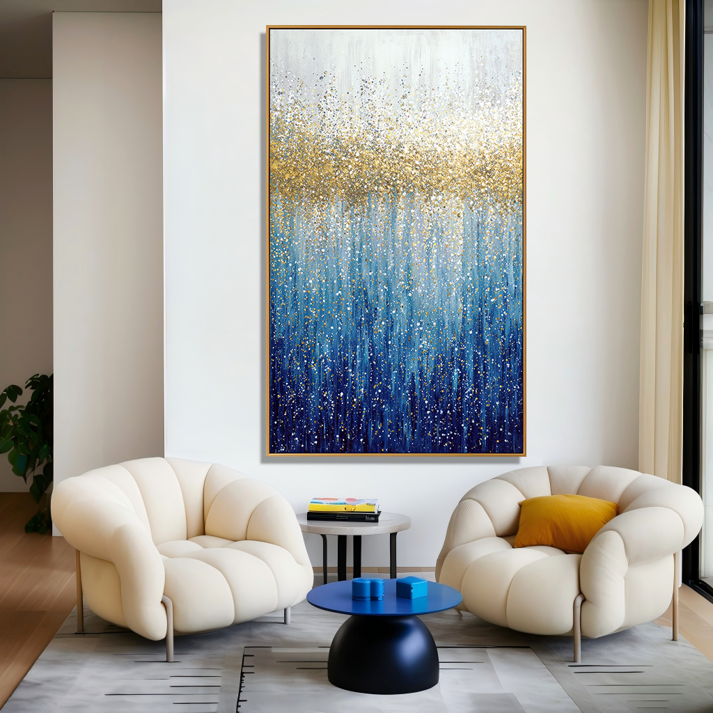 Golden Tide - Textured Blue and Gold Abstract Oil Painting
