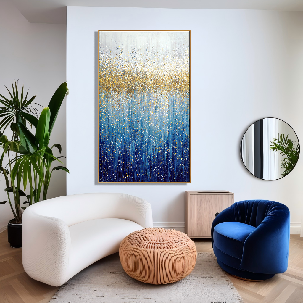 Golden Tide - Textured Blue and Gold Abstract Oil Painting