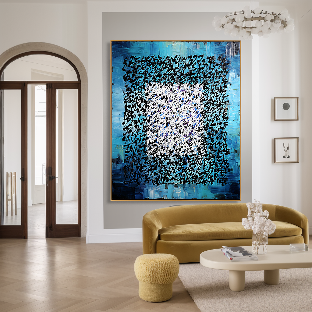 Ocean Cipher - Contemporary Blue Abstract Oil Painting