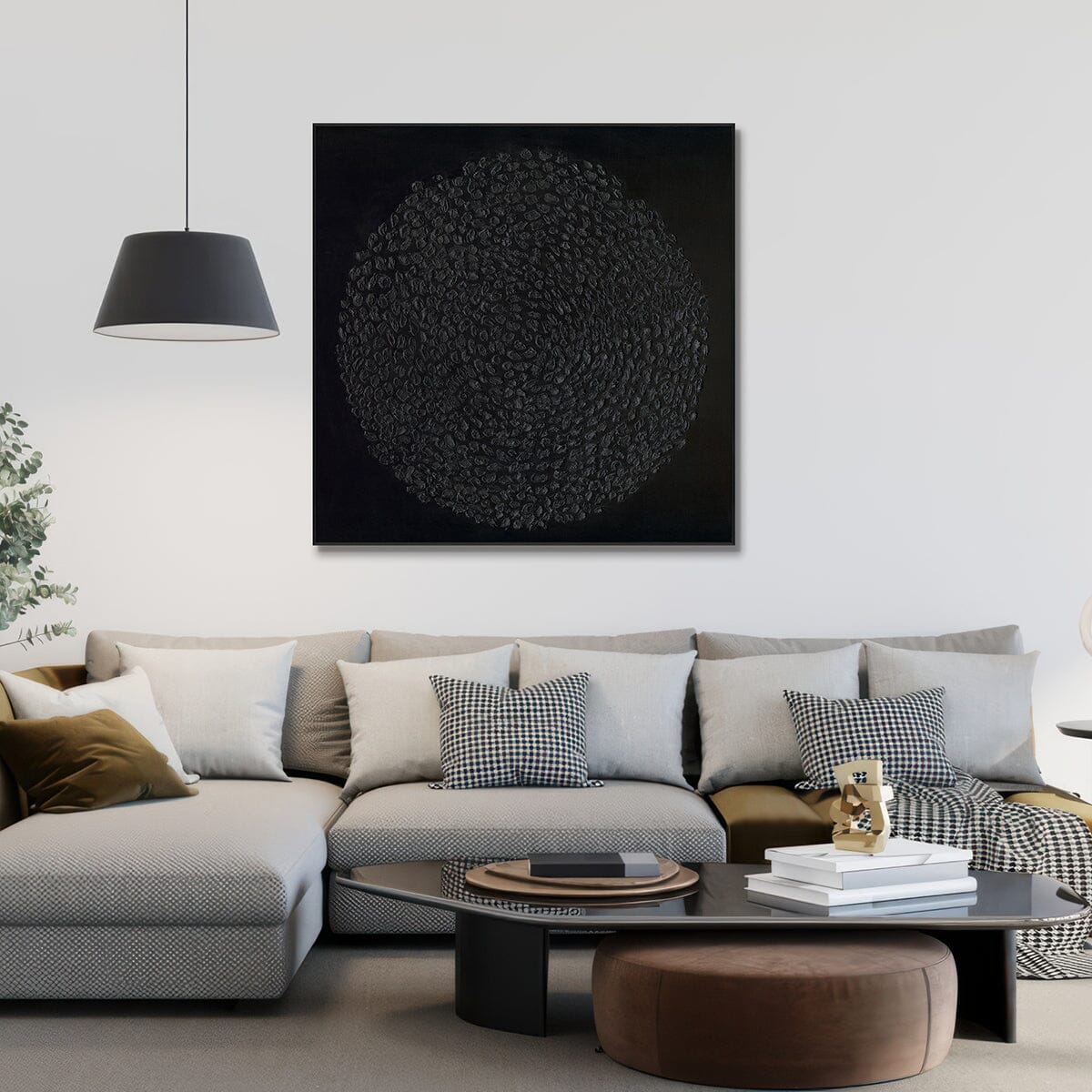 Eclipse Shadows – Black Textured Circular Abstract Painting