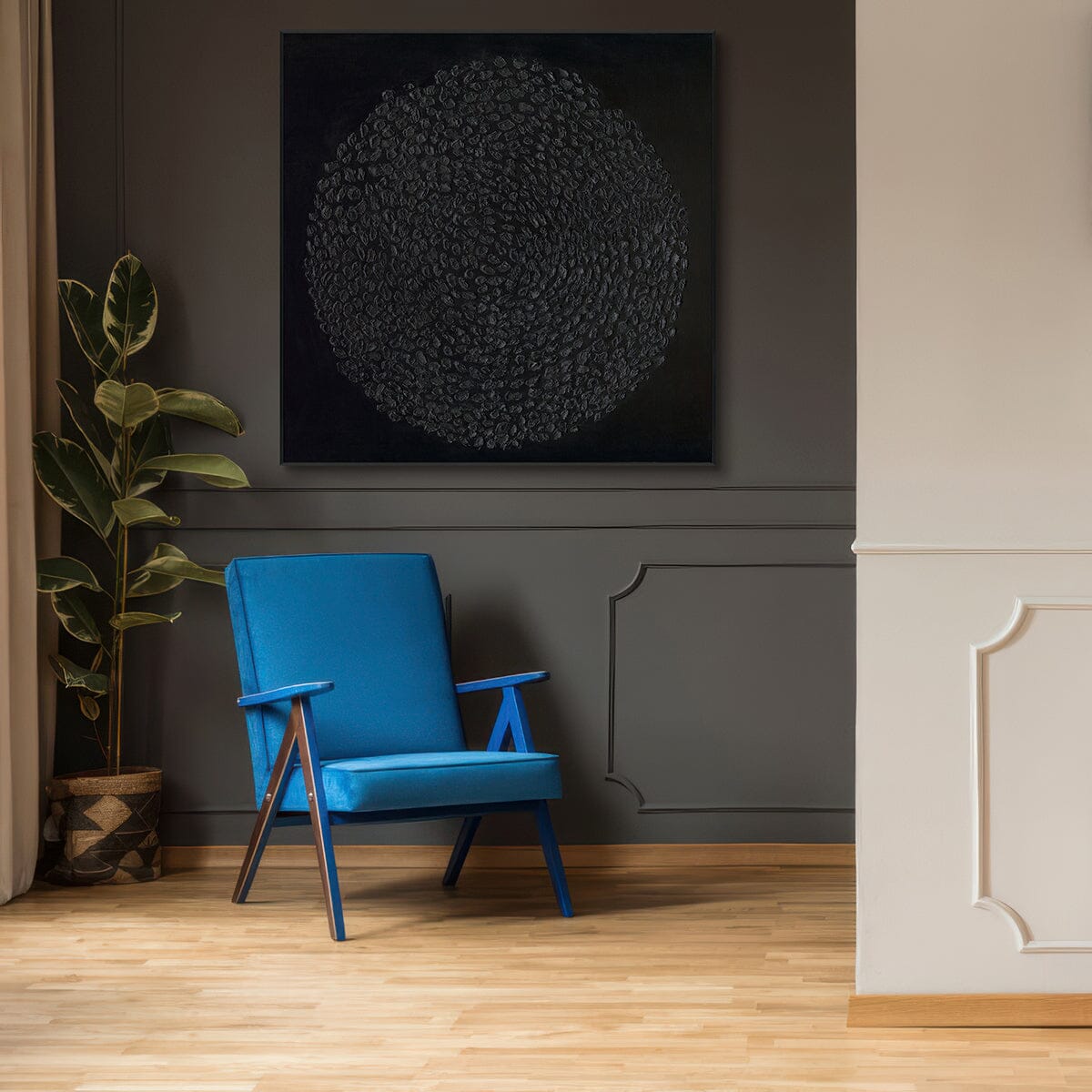 Eclipse Shadows – Black Textured Circular Abstract Painting