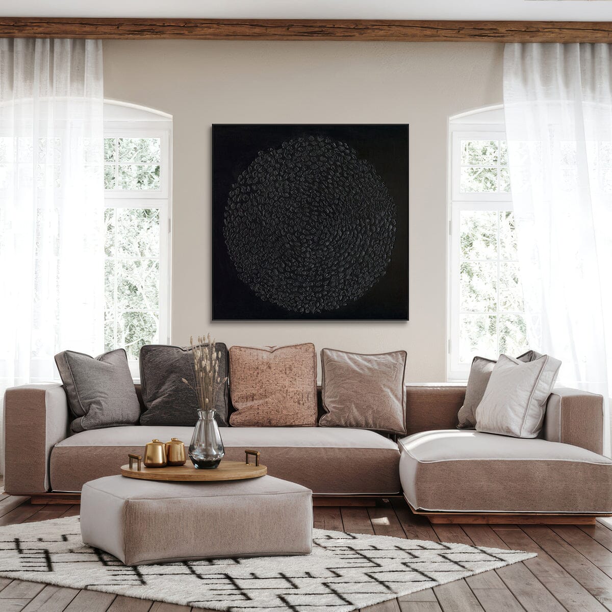 Eclipse Shadows – Black Textured Circular Abstract Painting