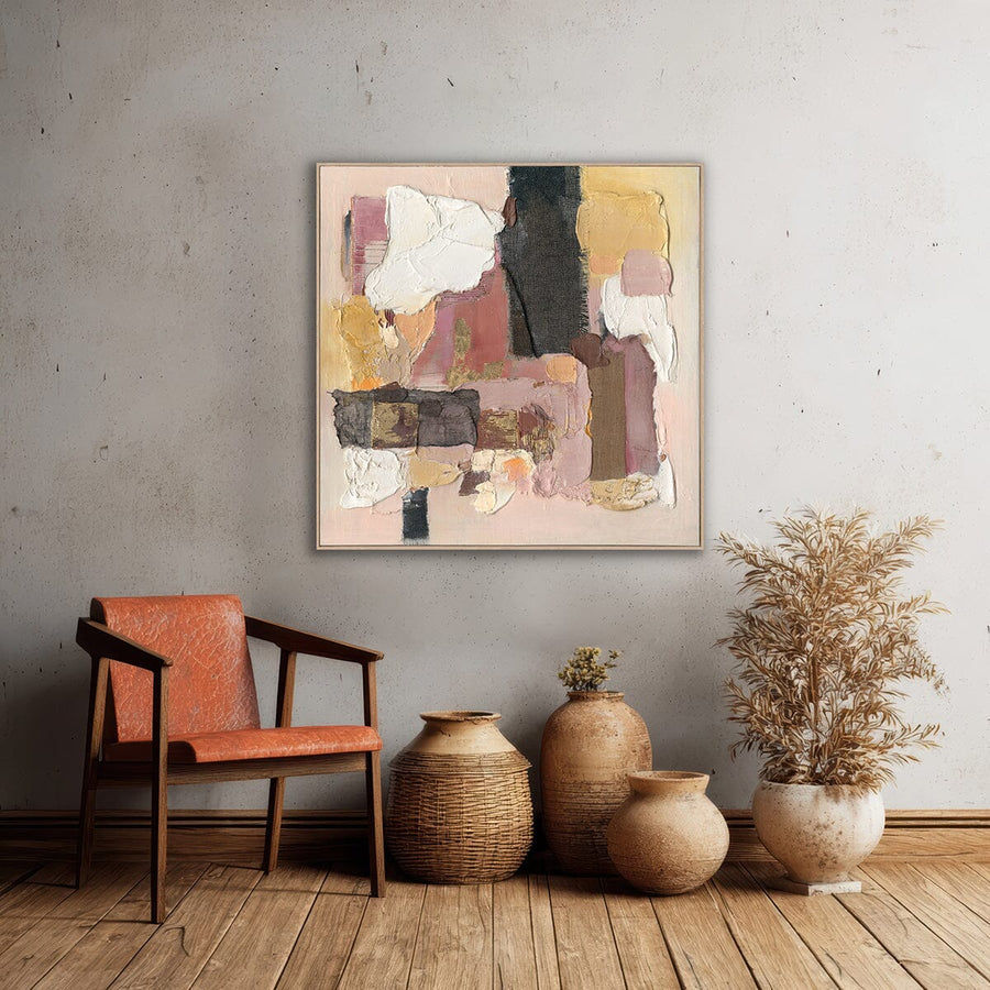 Golden Blush – Textured Abstract Collage Painting on Canvas