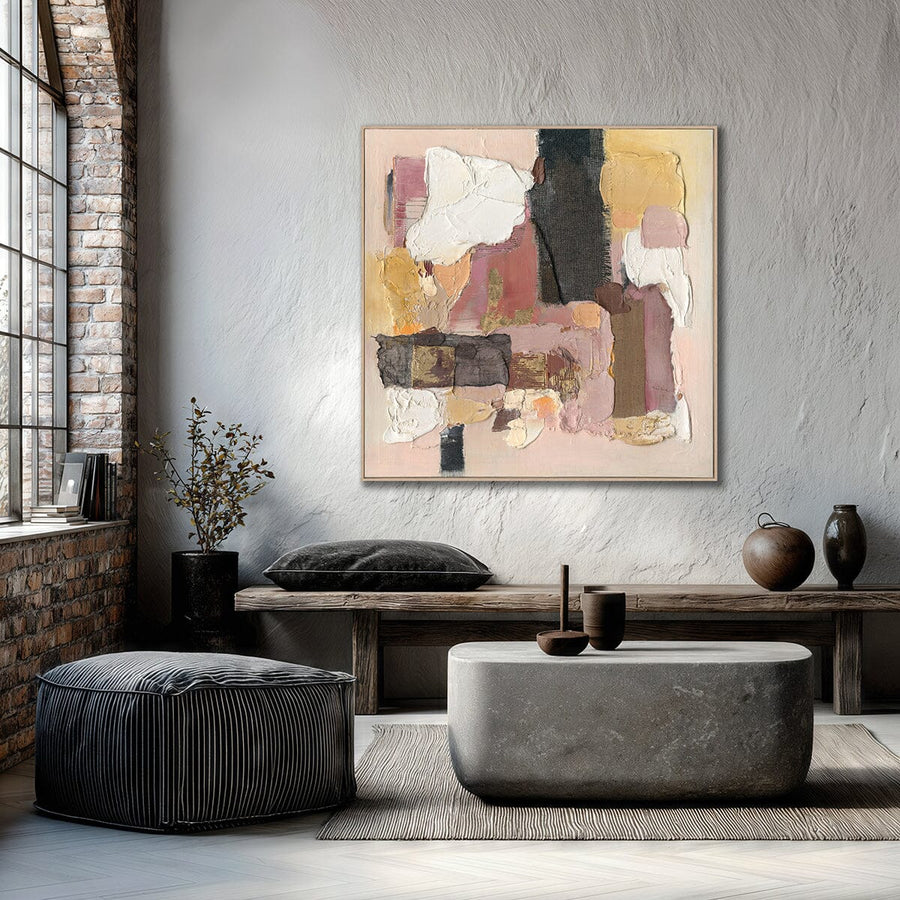 Golden Blush – Textured Abstract Collage Painting on Canvas