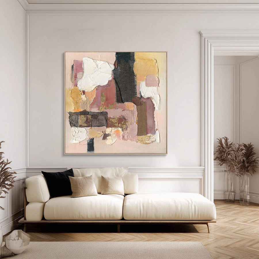 Golden Blush – Textured Abstract Collage Painting on Canvas