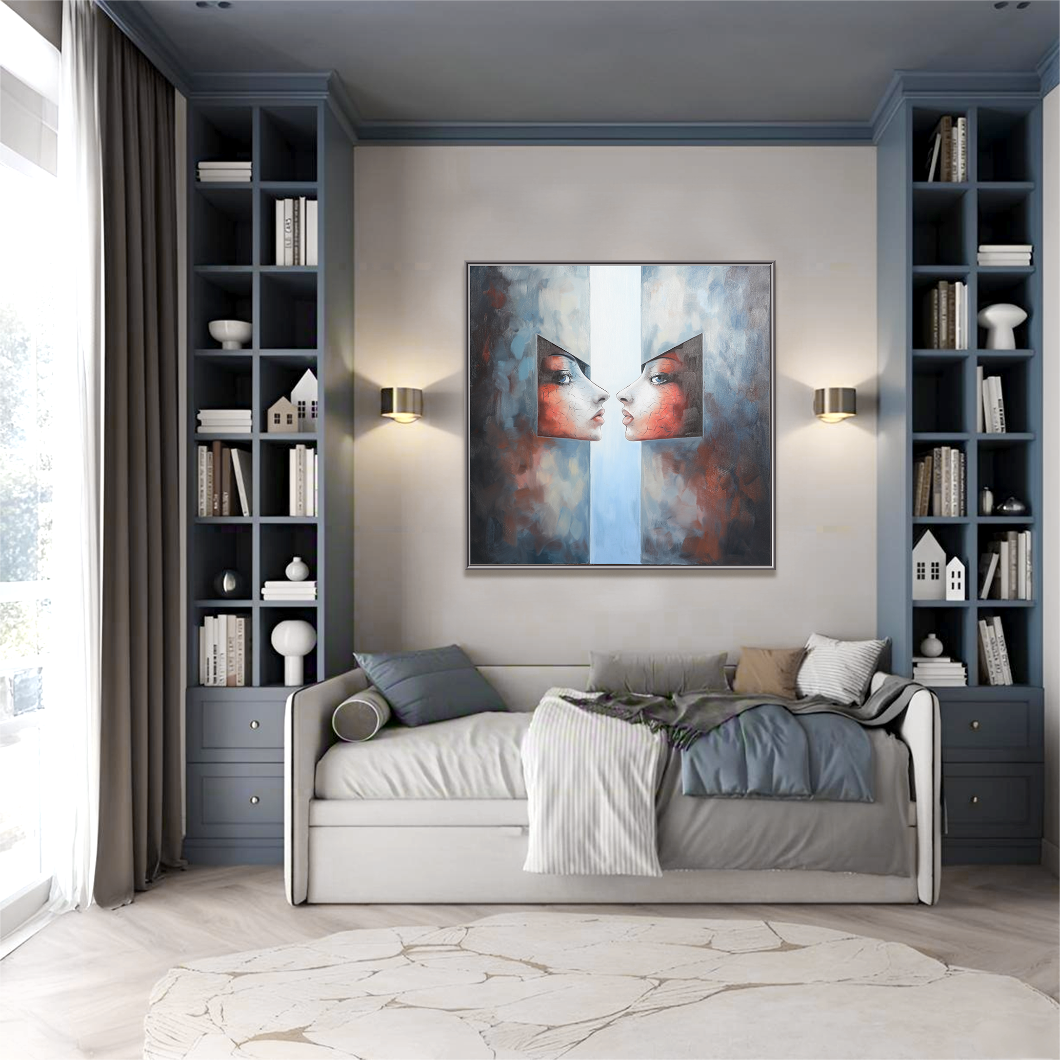 Dual Reflections – Abstract Figurative Oil Painting, Modern Surreal Portrait Wall Art for Living Room