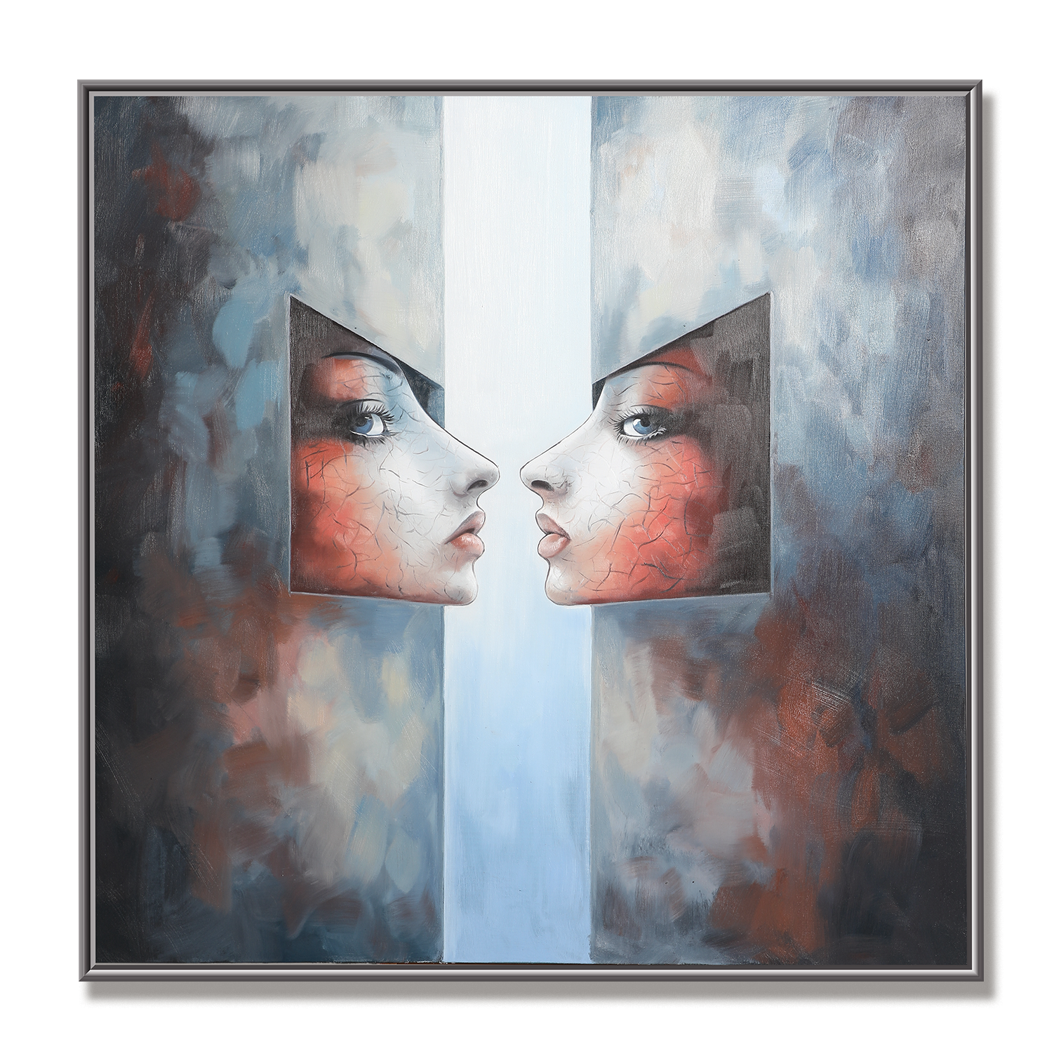 Dual Reflections – Abstract Figurative Oil Painting, Modern Surreal Portrait Wall Art for Living Room