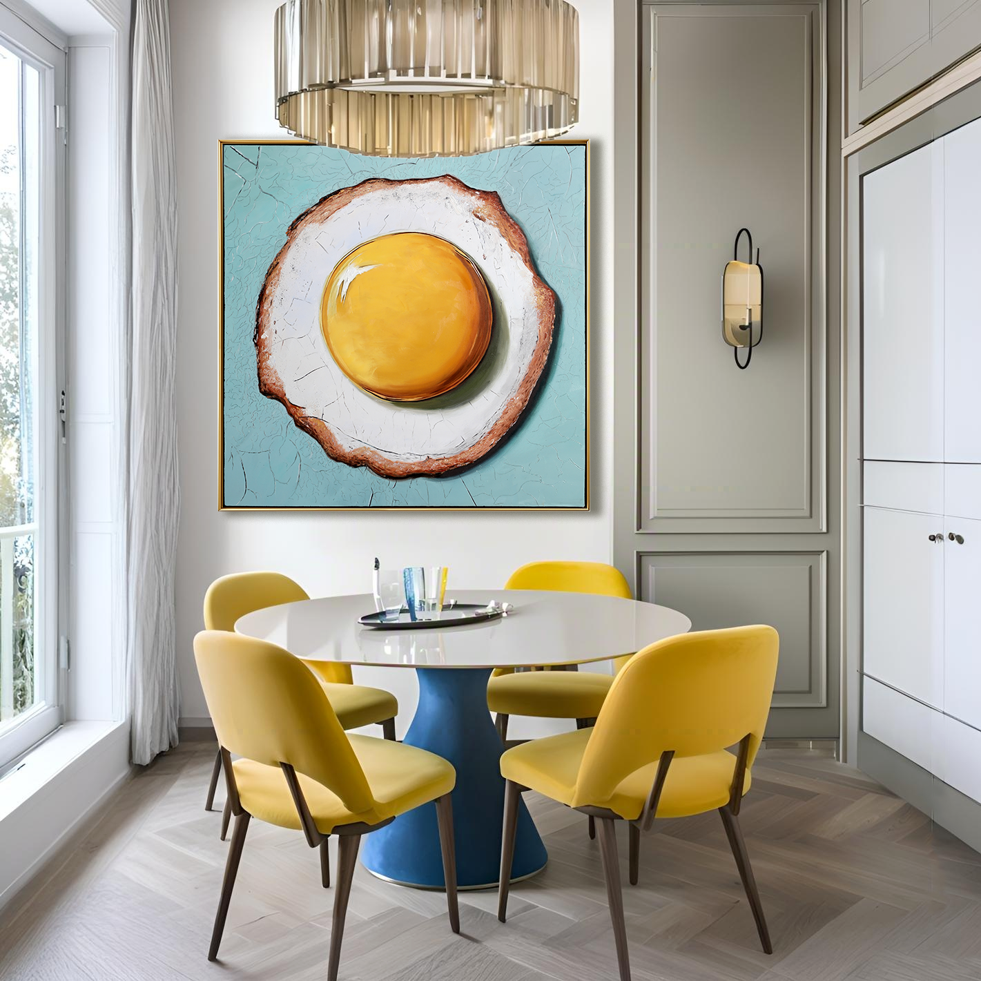 Sunny Muse – Textured Pop Art Egg Oil Painting, Modern Kitchen Wall Art for Dining Room or Café Décor