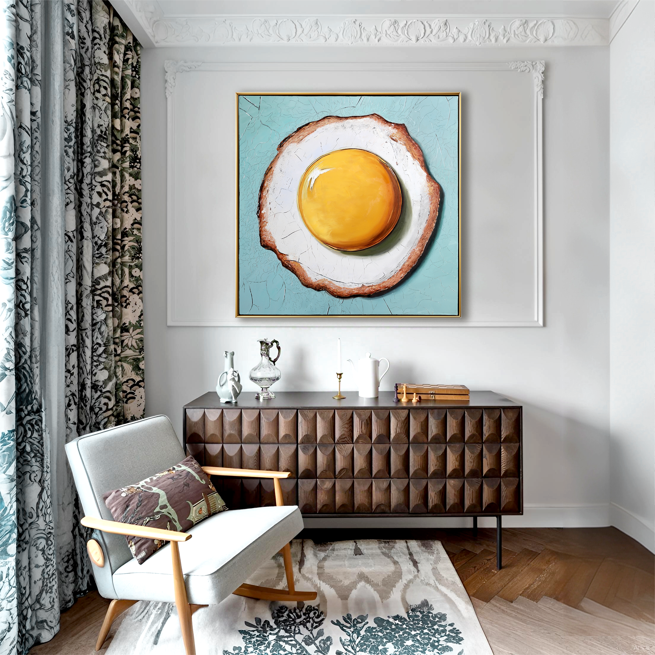Sunny Muse – Textured Pop Art Egg Oil Painting, Modern Kitchen Wall Art for Dining Room or Café Décor