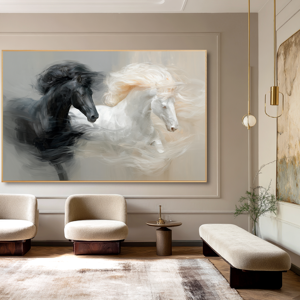 Balanced Motion - Black and White Horse Canvas Art